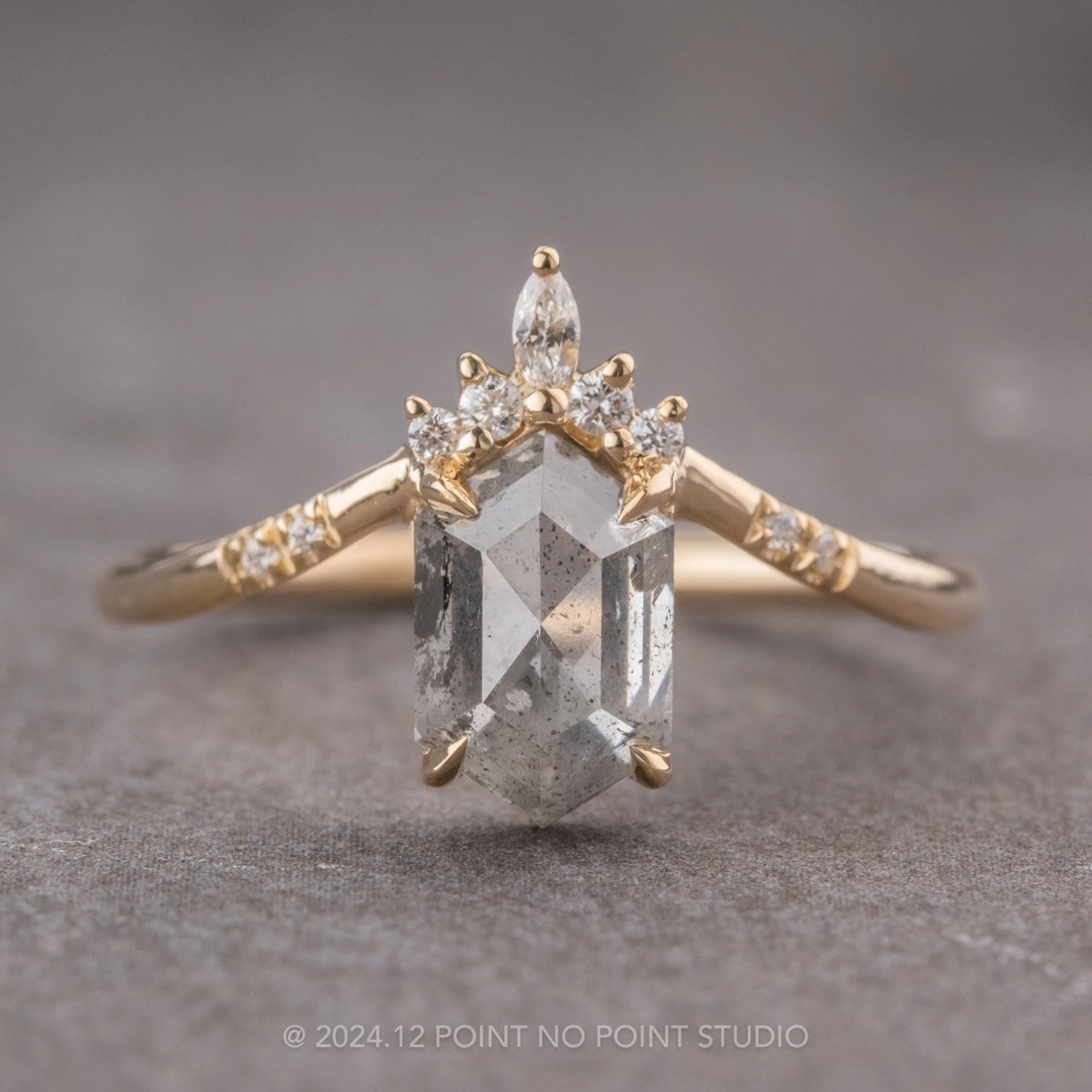 1.74 Carat Salt And Pepper Hexagon Diamond Engagement Ring, Flora Setting, 14k Yellow Gold