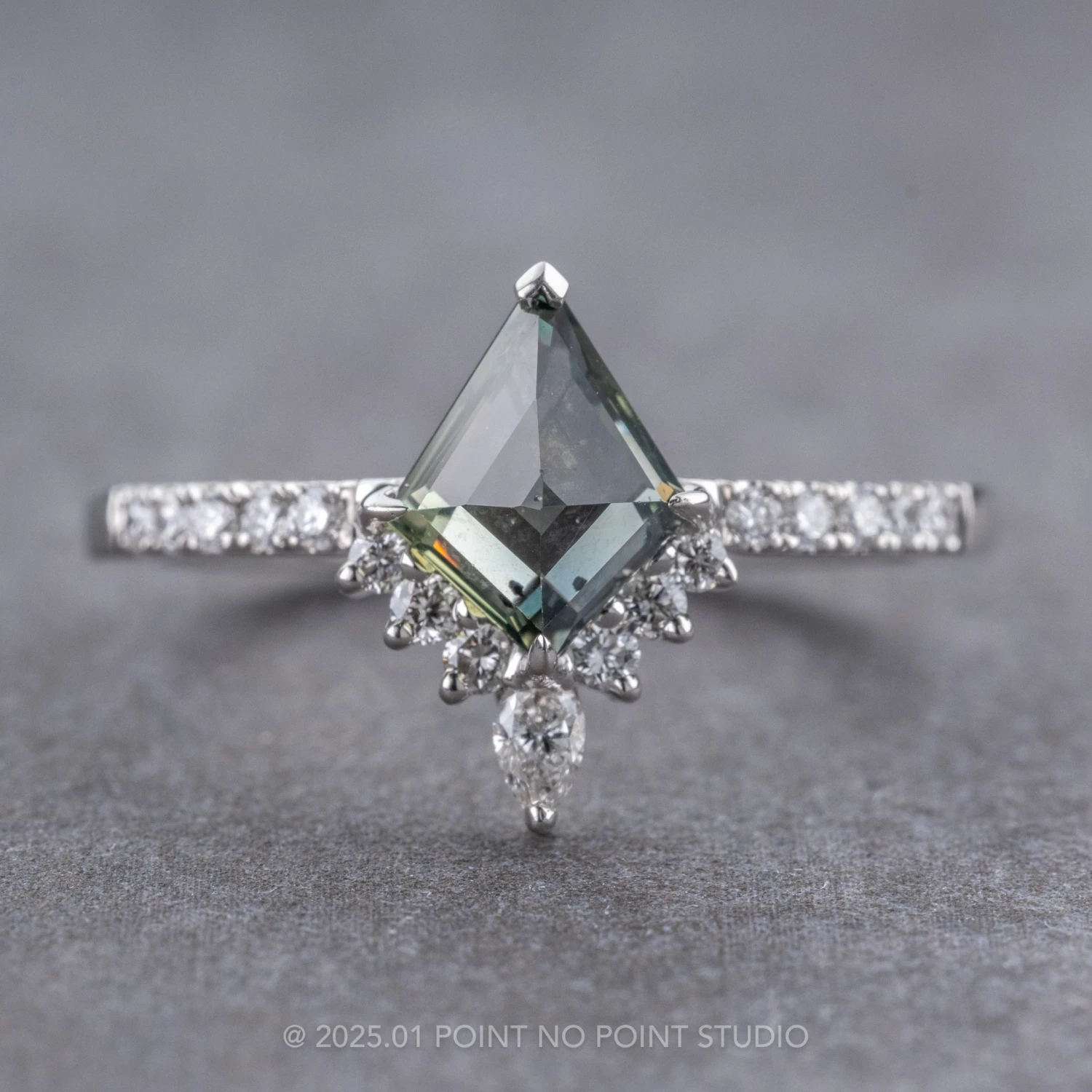 1.25 Carat Green Kite Sapphire And Diamond Engagement Ring, Avaline Setting, Platinum