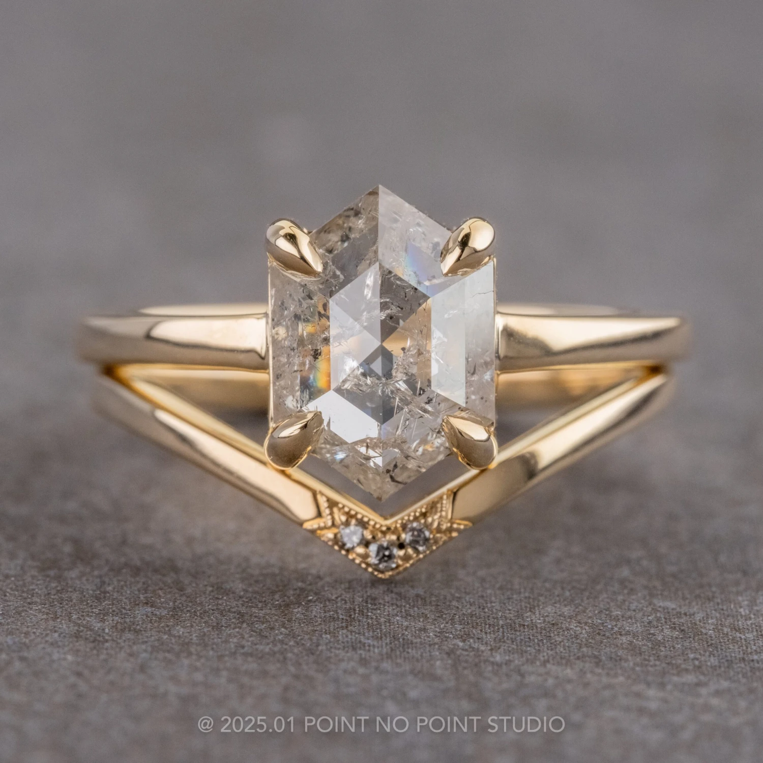 Triple Grey Diamond Wedding Band, Milgrain Vivian Setting, 14k Yellow Gold - Image 4