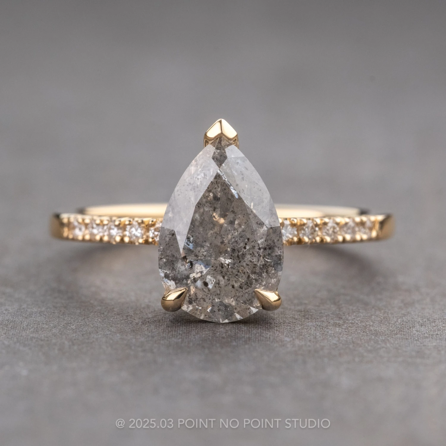 2.15 Carat Salt And Pepper Pear Diamond Engagement Ring, Sirena Setting, 14K Yellow Gold