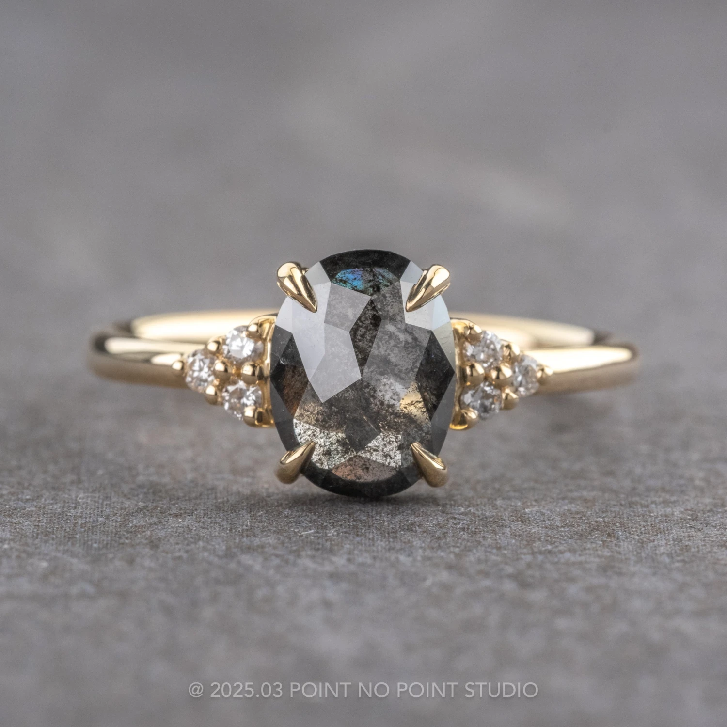 1.15 Carat Black Speckled Oval Diamond Engagement Ring, Quinn Setting, 14K Yellow Gold