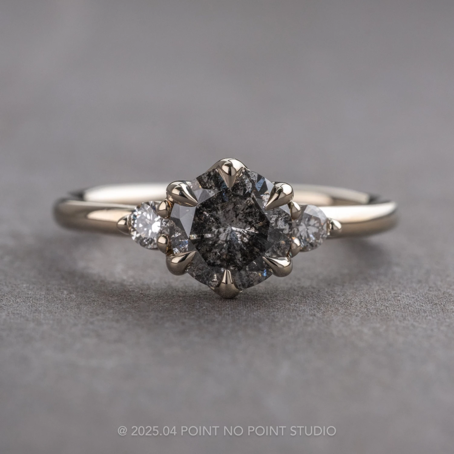 1.53 Carat Salt And Pepper Round Diamond Engagement Ring, Madison Setting, 14k White Gold