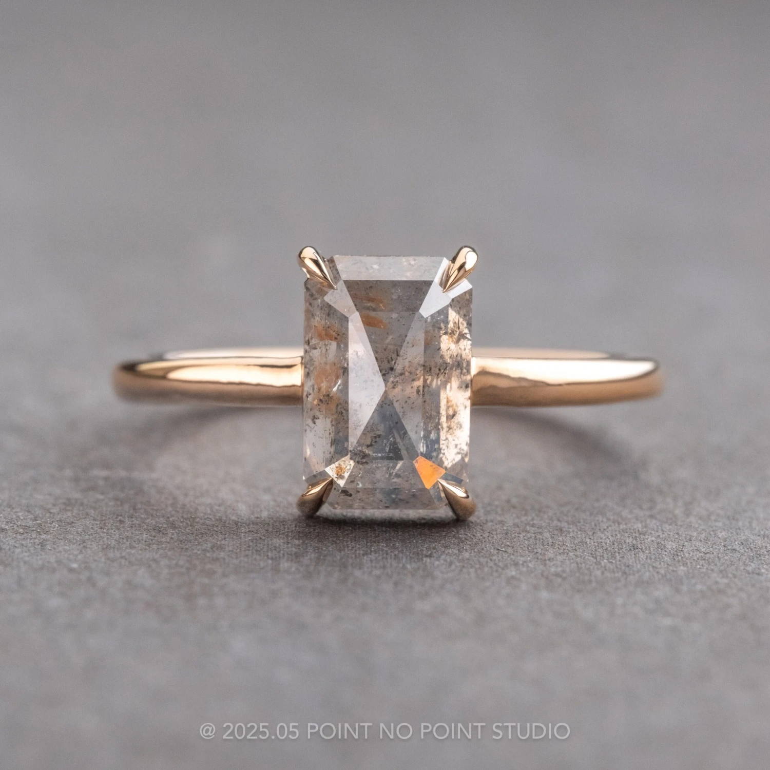 1.96 Carat Icy Grey Emerald Shaped Diamond Engagement Ring, Jane Setting, 14k Peach Gold