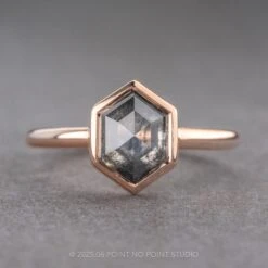 2.16 Carat Salt And Pepper Hexagon Diamond Engagement Ring, Bezel Jane Setting, 14K Rose Gold