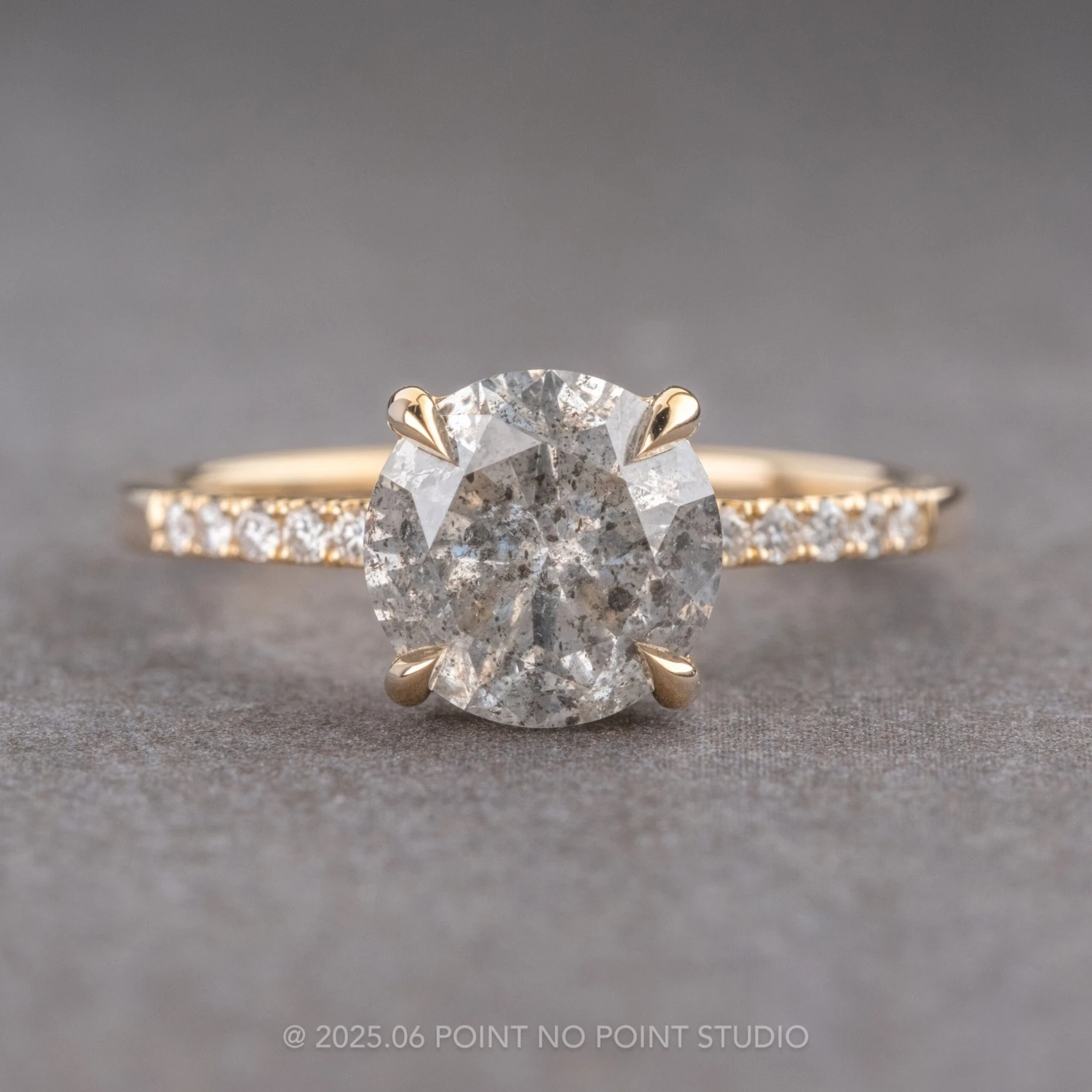 2.13 Carat Salt And Pepper Round Diamond Engagement Ring, Juliette Setting, 14k Yellow Gold