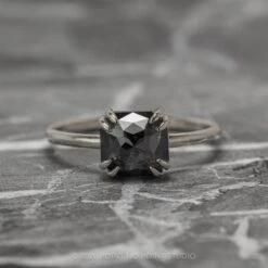 1.90 Carat Black Asscher Diamond Engagement Ring, Double Prong Jane Setting, 14k White Gold