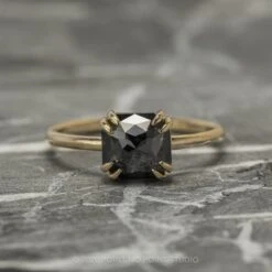 1.90 Carat Black Asscher Diamond Engagement Ring, Double Prong Jane Setting, 14k Yellow Gold