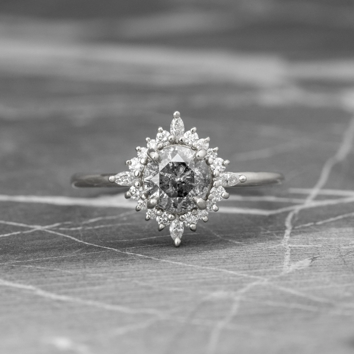 1.19 Carat Salt And Pepper Diamond Engagement Ring, Cosette Setting, 14k White Gold