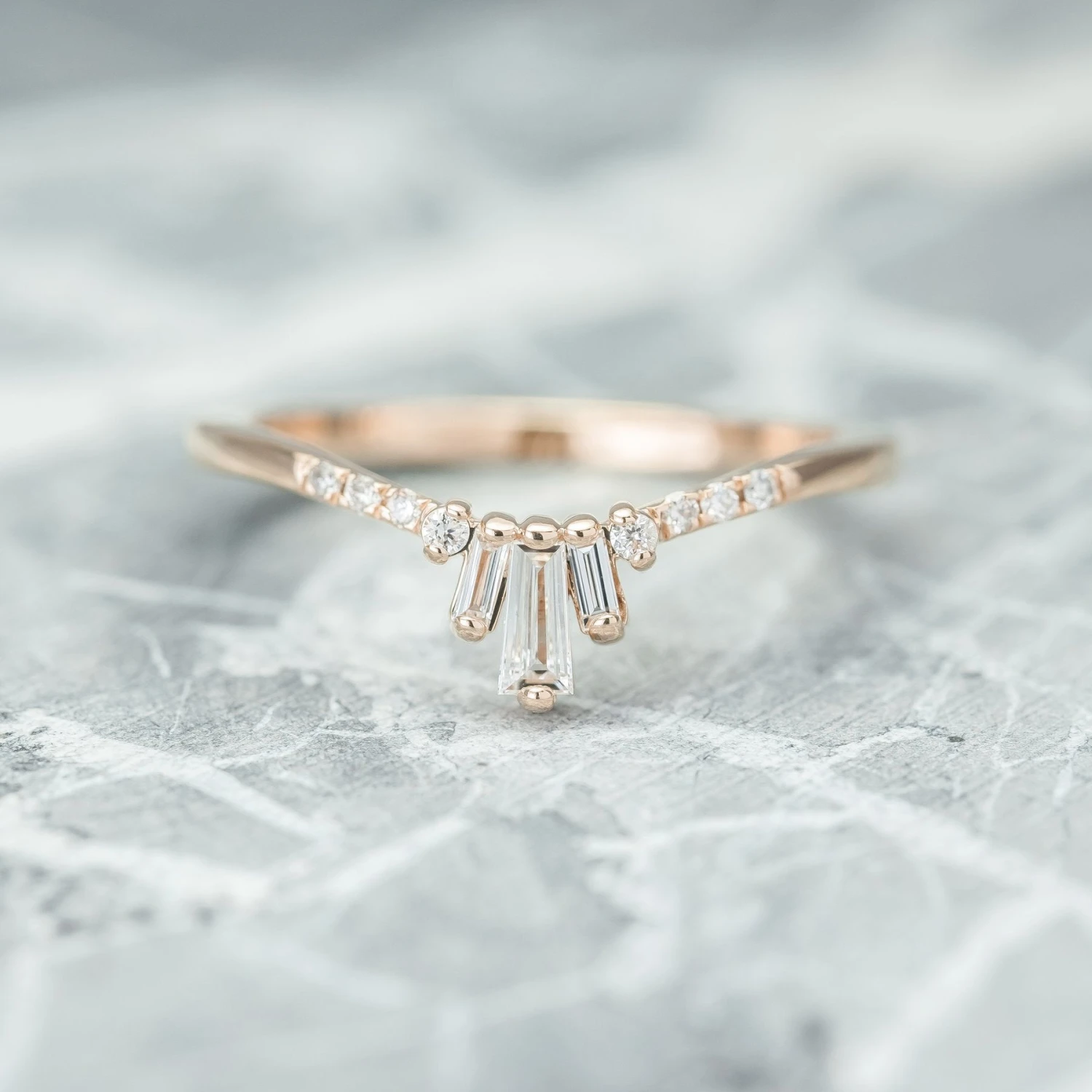White Diamond Baguette Dawn Wedding Band, 14k Rose Gold