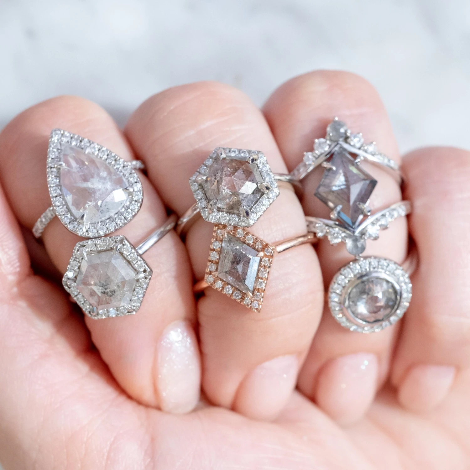 2.04 Carat Salt And Pepper Round Diamond Engagement Ring, Bezel Halo Setting, 14k White Gold - Image 6