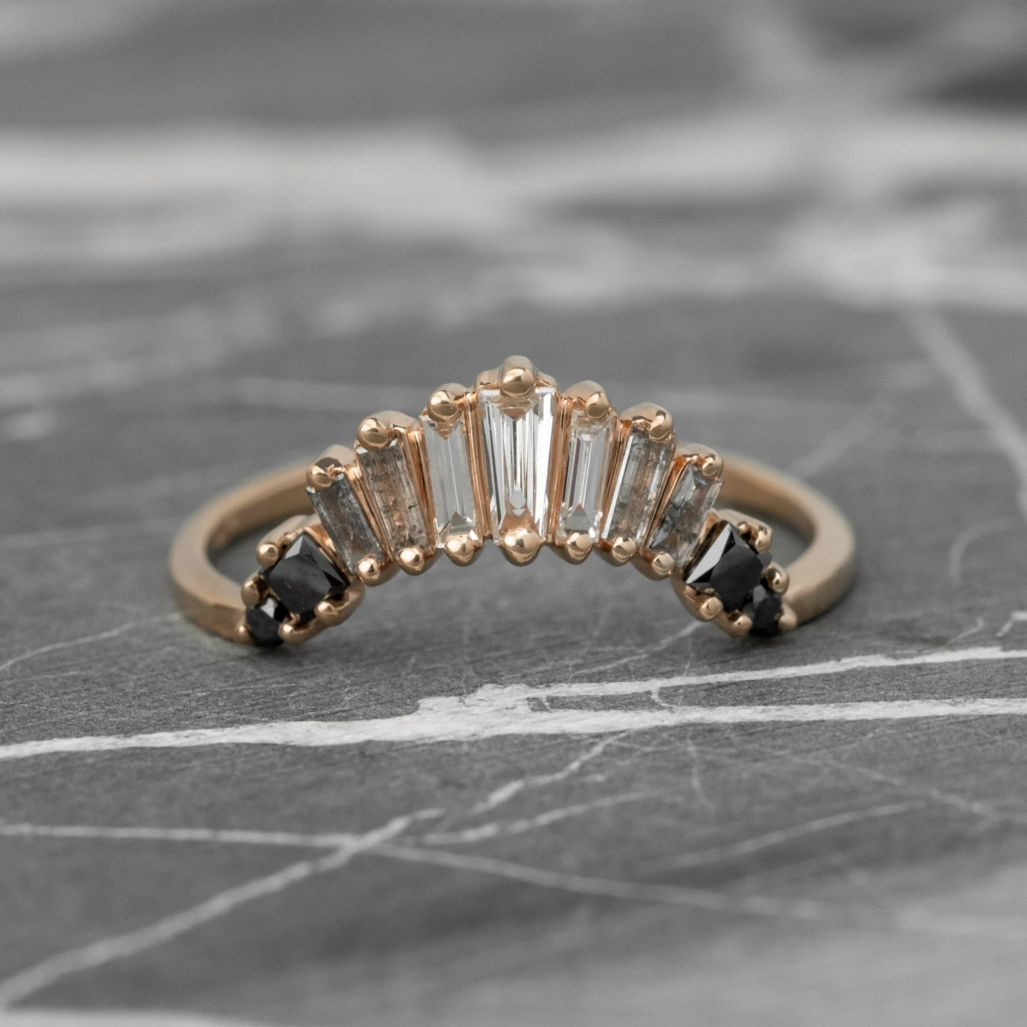 Baguette Diamond Wedding Band, Ombre Wren Setting, 14K Rose Gold