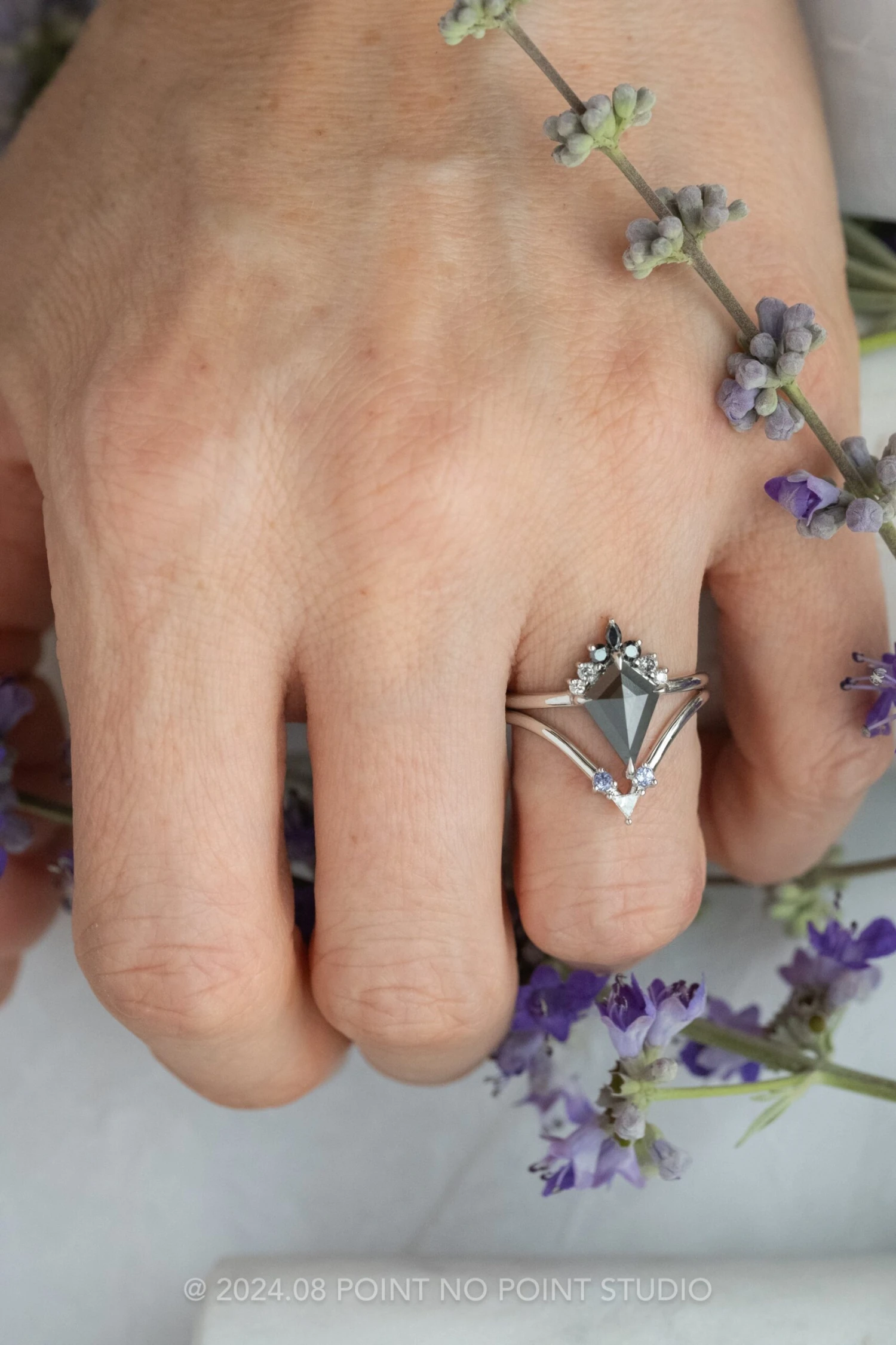 Triangle Diamond And Tanzanite Rounded Wedding Band, Vivian Setting, Platinum - Image 2