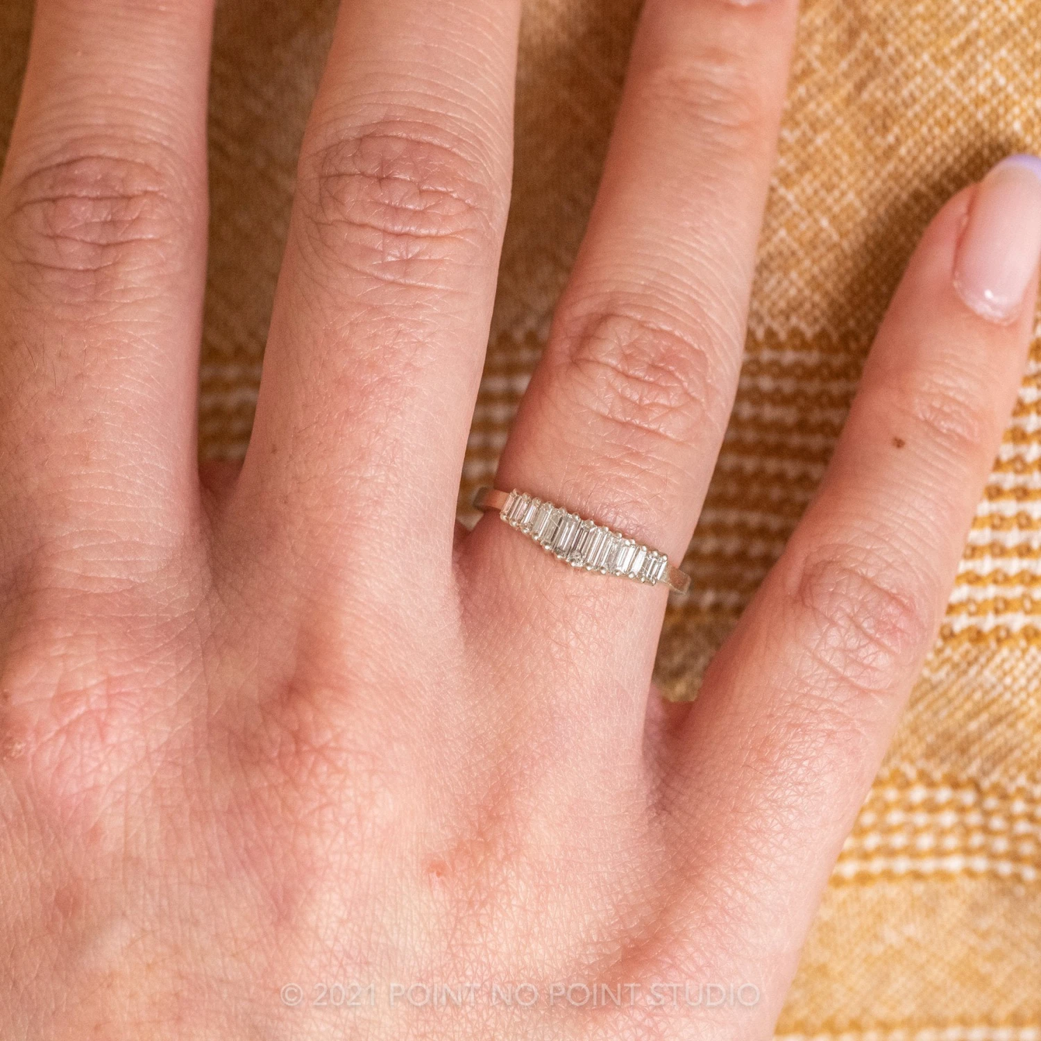 White Baguette Sparrow Diamond Wedding Band, Platinum - Image 2