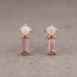 White Opal And Pink Tourmaline Studs, 14k Yellow Gold Earrings