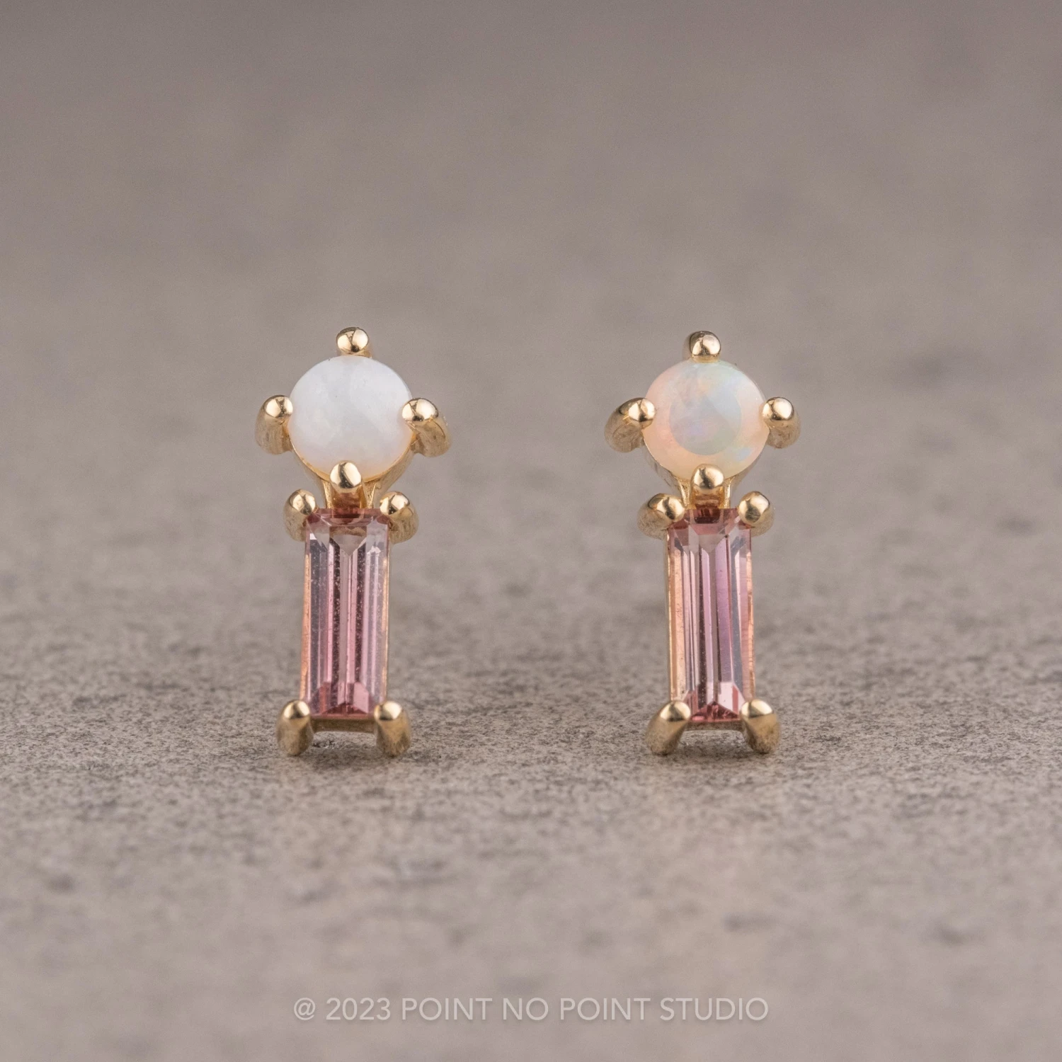White Opal And Pink Tourmaline Studs, 14k Yellow Gold Earrings