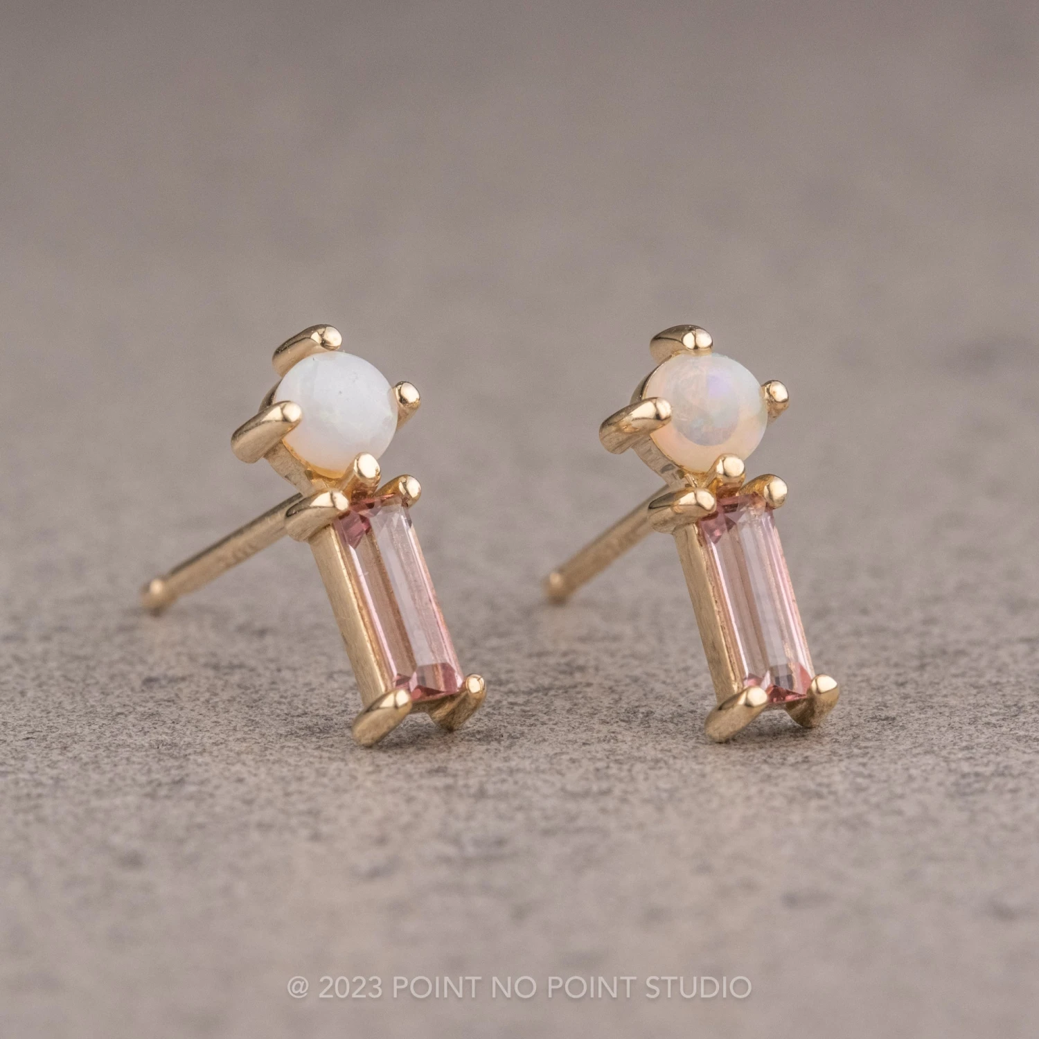 White Opal And Pink Tourmaline Studs, 14k Yellow Gold Earrings - Image 4