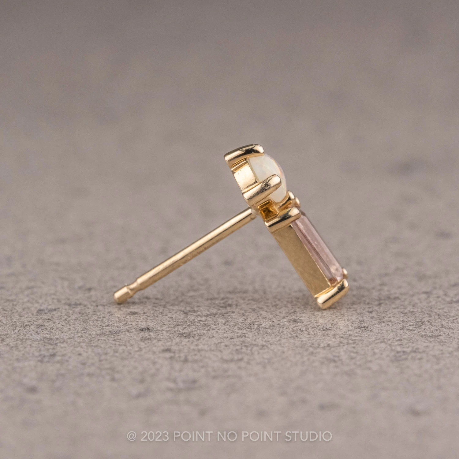 White Opal And Pink Tourmaline Studs, 14k Yellow Gold Earrings - Image 5